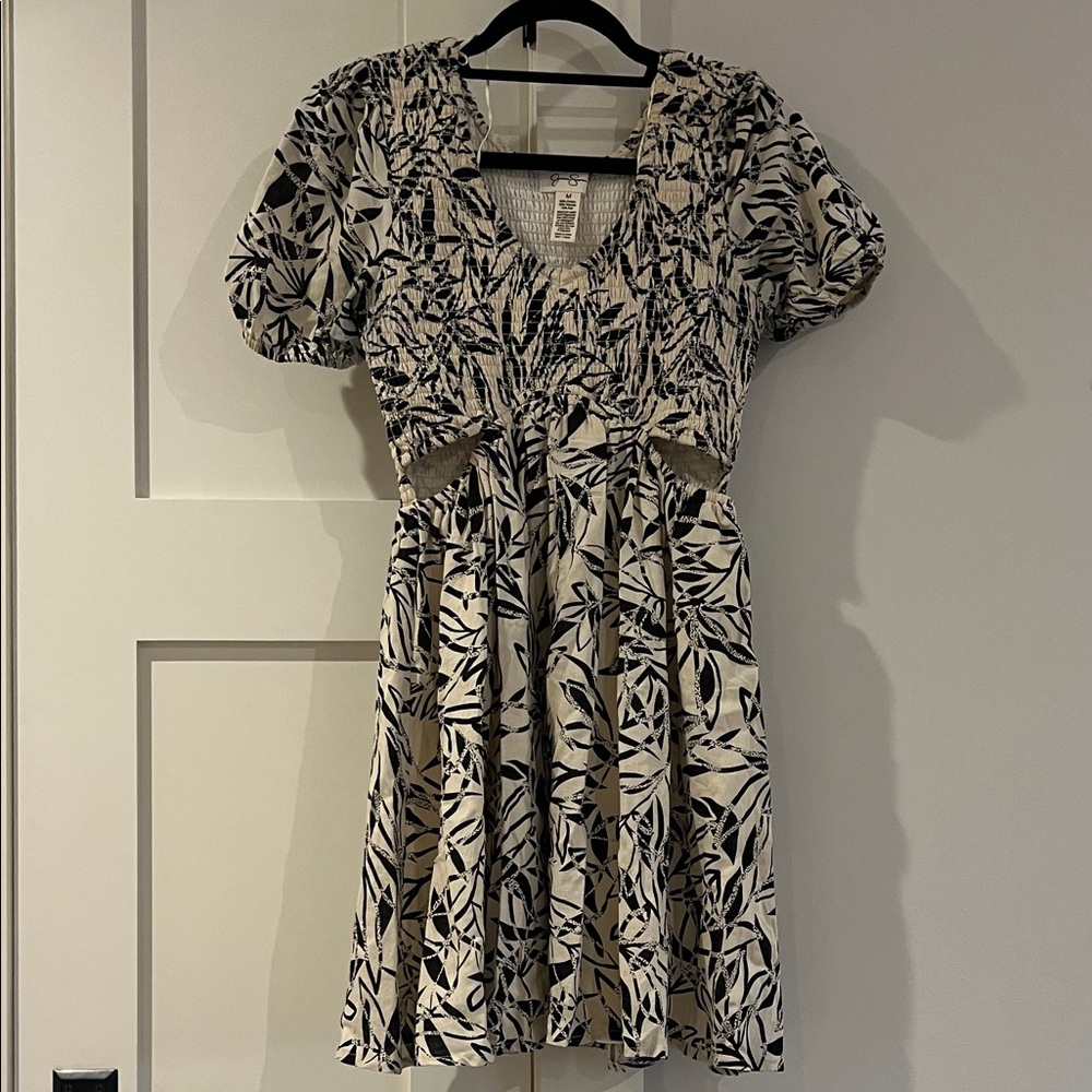 Jessica Simpson Black and Cream Leaf Print Mini Dress
